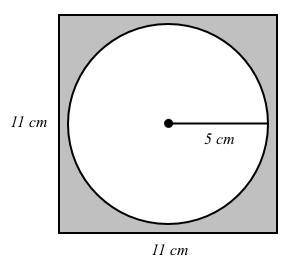 Acircle with a radius of 5 cm sits inside a 11 cm x 11 cm rectangle