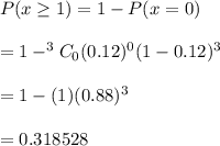 P(x\geq1)=1-P(x=0)\\\\=1-^{3}C_{0}(0.12)^{0}(1-0.12)^{3}\\\\=1-(1)(0.88)^{3}}\\\\=0.318528