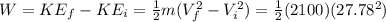 W=KE_f - KE_i = \frac{1}{2}m(V_f^2-V_i^2)=\frac{1}{2}(2100)(27.78^2)
