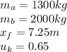 m_{a}=1300kg\\m_{b}=2000kg\\x_{f}=7.25m\\u_{k}=0.65