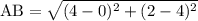 \rm AB=\sqrt{(4-0)^2+(2-4)^2}