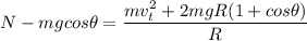 N - mgcos \theta = \dfrac{mv_t^2 + 2mgR(1 + cos \theta)}{R}