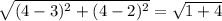 \sqrt{(4-3)^2+(4-2)^2}=\sqrt{1+4}