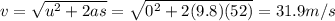 v=\sqrt{u^2+2as}=\sqrt{0^2+2(9.8)(52)}=31.9 m/s