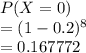 P(X=0)\\=(1-0.2)^8\\=0.167772