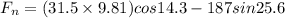 F_n = (31.5 \times 9.81)cos14.3 - 187 sin25.6