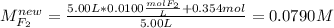 M_{F_2}^{new}=\frac{5.00L*0.0100\frac{molF_2}{L}+0.354mol}{5.00L} =0.0790M