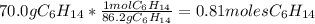 70.0gC_{6}H_{14}*\frac{1molC_{6}H_{14}}{86.2gC_{6}H_{14}}=0.81molesC_{6}H_{14}