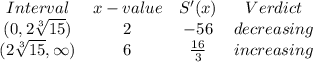 \begin{array}{cccc}Interval&x-value&S'(x)&Verdict\\(0,2\sqrt[3]{15}) &2&-56&decreasing\\(2\sqrt[3]{15}, \infty)&6&\frac{16}{3}&increasing \end{array}