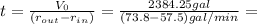 t=\frac{V_{0}}{(r_{out}-r_{in})} =\frac{2384.25 gal}{(73.8-57.5)gal/min}=