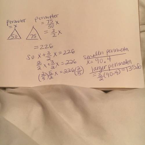 the areas of two similar triangles are 72dm2 and 50dm2. the sum of their perimeters is 226dm. what i