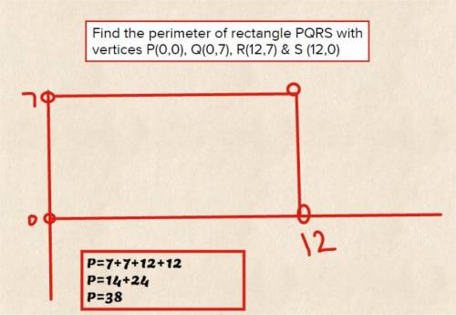 Find the perimeter of rectangle pqrs with vertices p(0,0), q(0,7), r(12,7) &  s (12,0)