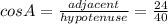 cos A = \frac{adjacent}{hypotenuse} = \frac{24}{40}