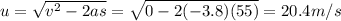 u=\sqrt{v^2-2as}=\sqrt{0-2(-3.8)(55)}=20.4 m/s