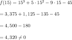 f(15)=15^3+5\cdot 15^2-9\cdot 15-45\\ \\=3,375+1,125-135-45\\ \\=4,500-180\\ \\=4,320\neq 0