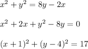 x^2+y^2=8y-2x\\\\x^2+2x+y^2-8y=0\\\\(x+1)^2+(y-4)^2=17