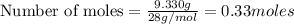 \text{Number of moles}=\frac{9.330g}{28g/mol}=0.33moles