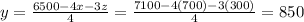 y = \frac{6500- 4x - 3z}{4} = \frac{7100 - 4(700) - 3(300)}{4} = 850