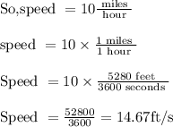 \begin{array}{l}{\text { So,speed }=10 \frac{\text { miles }}{\text { hour }}} \\\\ {\text { speed }=10 \times \frac{1 \text { miles }}{1 \text { hour }}} \\\\ {\text { Speed }=10 \times \frac{5280 \text { feet }}{3600 \text { seconds }}} \\\\ {\text { Speed }=\frac{52800}{3600}=14.67 \mathrm{ft} / \mathrm{s}}\end{array}
