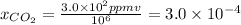 x_{CO_2}=\frac{3.0\times 10^2 ppmv}{10^6} =3.0\times 10^{-4}