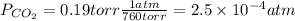 P_{CO_2}=0.19torr\frac{1 atm}{760torr} =2.5\times10^{-4} atm