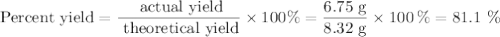\text{Percent yield} = \dfrac{\text{ actual yield}}{\text{ theoretical yield}} \times 100 \% = \dfrac{\text{6.75 g}}{\text{8.32 g}} \times 100 \, \% = \text{81.1 \%}