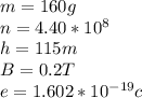 m= 160g\\n= 4.40*10^8\\h=115m\\B=0.2T\\e= 1.602*10^{-19}c