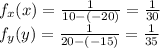 f_x(x)=\frac{1}{10-(-20)}=\frac{1}{30}\\f_y(y)=\frac{1}{20-(-15)}=\frac{1}{35}
