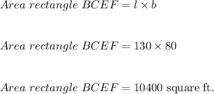 Area\ rectangle\ BCEF=l\times b\\\\\\Area\ rectangle\ BCEF=130\times 80\\\\\\Area\ rectangle\ BCEF=10400\ \text{square\ ft.}