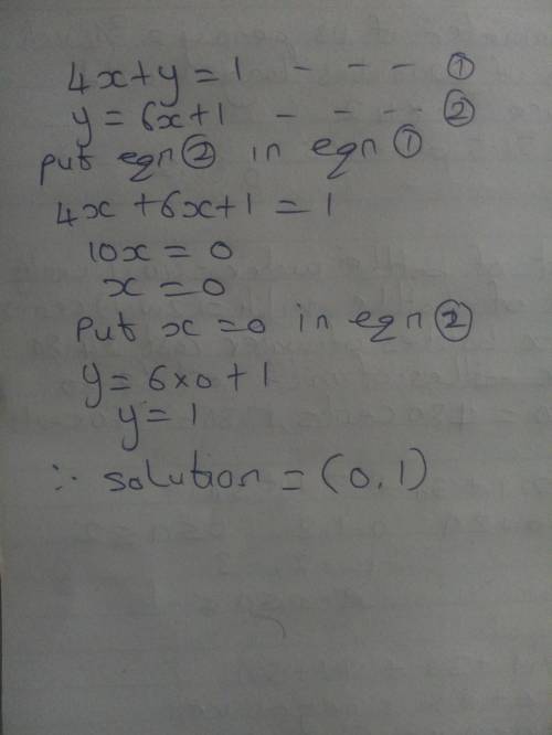 What is the solution to the system below 4x +y=1 and y=6x+1