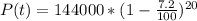 P(t)=144000*(1-\frac{7.2}{100})^{20}