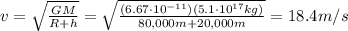 v=\sqrt{\frac{GM}{R+h}}=\sqrt{\frac{(6.67\cdot 10^{-11})(5.1\cdot 10^{17} kg)}{80,000 m+20,000 m}}=18.4 m/s
