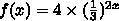 Rewrite the function f of x equals 4 times one third to the 2 times x power using properties of expo