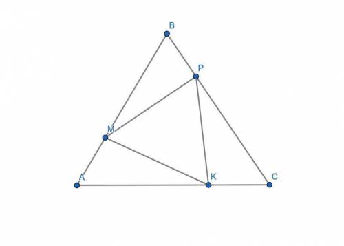 In equilateral ∆abc, points m, p, and k belong to ab , bc , and ac respectively and am: mb = bp: pc