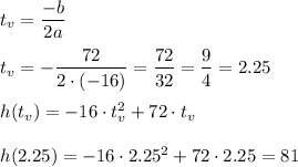 t_v=\dfrac{-b}{2a}\\ \\t_v=-\dfrac{72}{2\cdot (-16)}=\dfrac{72}{32}=\dfrac{9}{4}=2.25\\ \\h(t_v)=-16\cdot t_v^2+72\cdot t_v\\ \\h(2.25)=-16\cdot 2.25^2+72\cdot 2.25=81