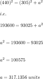 (440)^2=(305)^2+a^2\\\\i.e.\\\\193600=93025+a^2\\\\\\a^2=193600-93025\\\\\\a^2=100575\\\\\\a=317.1356\ units