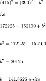 (415)^2=(390)^2+b^2\\\\i.e.\\\\172225=152100+b^2\\\\\\b^2=172225-152100\\\\\\b^2=20125\\\\\\b=141.8626\ units