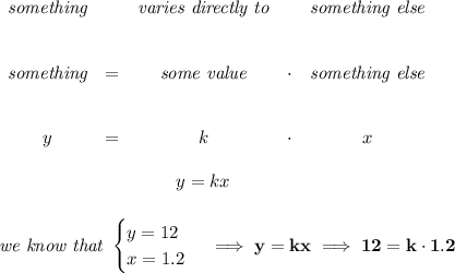 \bf \begin{array}{cccccclllll}&\\&#10;\textit{something}&&\textit{varies directly to}&&\textit{something else}\\ \quad \\&\\&#10;\textit{something}&=&{{ \textit{some value}}}&\cdot &\textit{something else}\\ \quad \\&\\&#10;y&=&{{ k}}&\cdot&x&\\&#10;&\\&#10;&&  y={{ k }}x&\\&#10;\end{array}& \\\\\\&#10;\textit{we know that }&#10;\begin{cases}&#10;y=12\\&#10;x=1.2&#10;\end{cases}\implies y=kx\implies 12=k\cdot 1.2