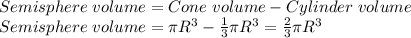 Semisphere\hspace{3}volume=Cone\hspace{3}volume-Cylinder\hspace{3}volume\\Semisphere\hspace{3}volume=\pi R^{3} -\frac{1}{3}\pi R^{3}  =\frac{2}{3}\pi R^{3}