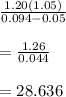 \frac{1.20(1.05)}{0.094-0.05} \\ \\ =\frac{1.26}{0.044} \\ \\ = 28.636
