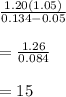 \frac{1.20(1.05)}{0.134-0.05} \\ \\ =\frac{1.26}{0.084} \\ \\ = 15