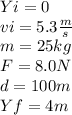 Yi=0\\vi=5.3 \frac{m}{s}\\ m=25kg\\F=8.0N\\d=100m\\Yf=4m
