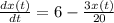 \frac{dx(t)}{dt}=6-\frac{3x(t)}{20}