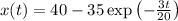 x(t)=40-35\exp\left ( -\frac{3t}{20} \right )