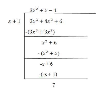 What is the result when 3x3 + 4x2 + 6 is divided by x + 1?  if there is a remainder, express the res