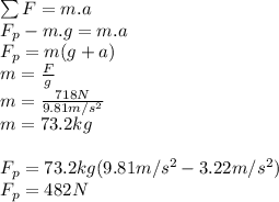 \sum F=m.a\\F_p-m.g=m.a\\F_p=m(g+a)\\m=\frac{F}{g}\\m=\frac{718N}{9.81m/s^2}\\m=73.2kg\\\\F_p=73.2kg(9.81m/s^2-3.22m/s^2)\\F_p=482N