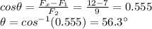 cos \theta = \frac{F_x-F_1}{F_2}=\frac{12-7}{9}=0.555\\\theta =cos^{-1}(0.555)=56.3^{\circ}