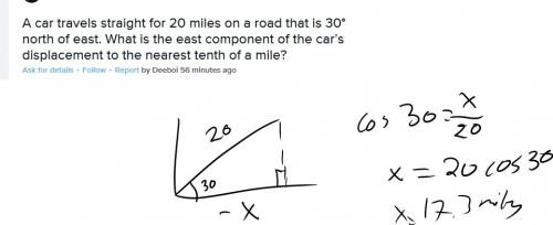 Acar travels straight for 20 miles on a road that is 30° north of east. what is the east component o