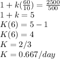 1+k(\frac{60}{10})=\frac{2500}{500}\\1+k=5\\K(6)=5-1\\K(6)=4\\K=2/3\\K=0.667/day