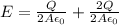 E = \frac{Q}{2A\epsilon_0} + \frac{2Q}{2A\epsilon_0}